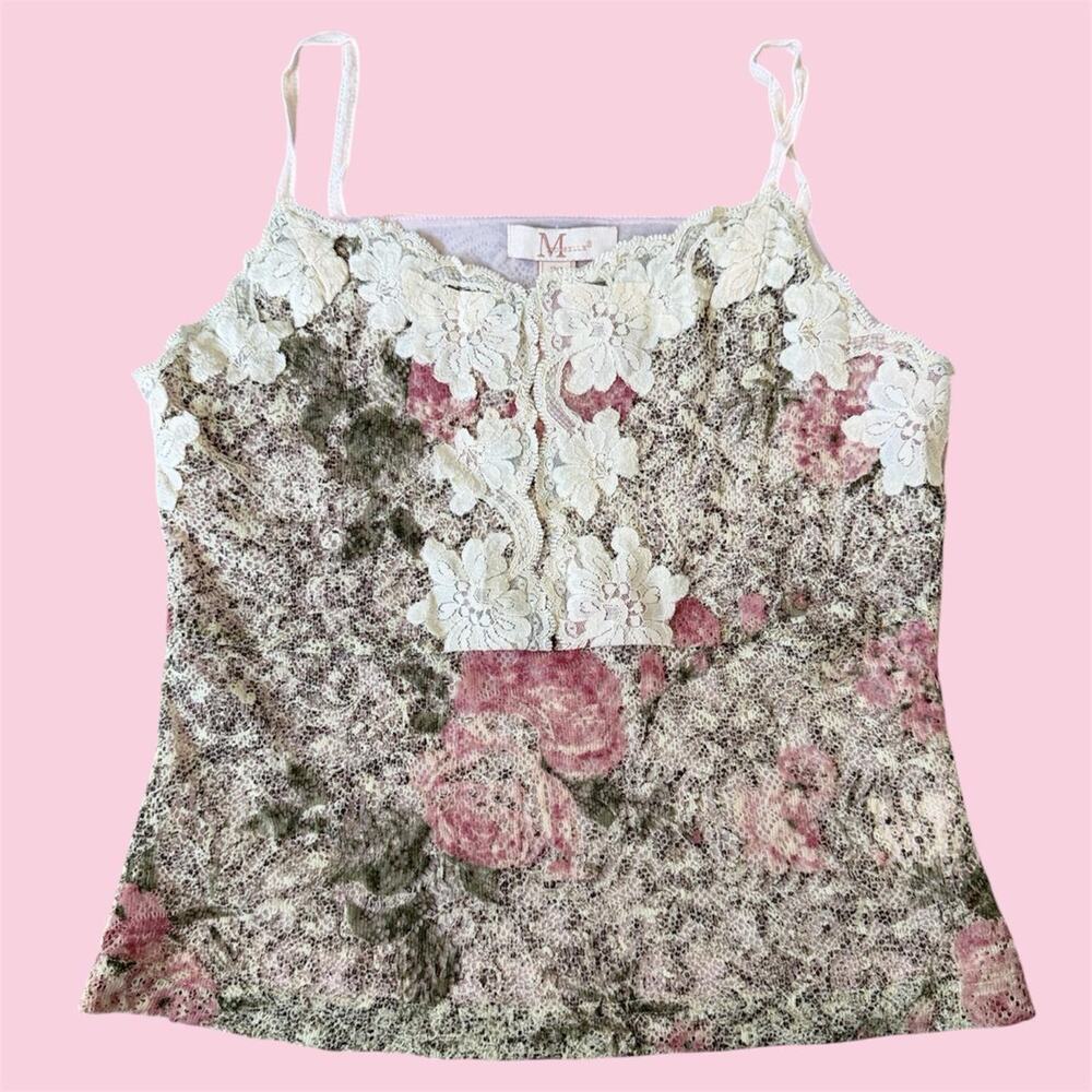 Euro Moiselle pink and cream cropped floral lace cami top w lace appliqués